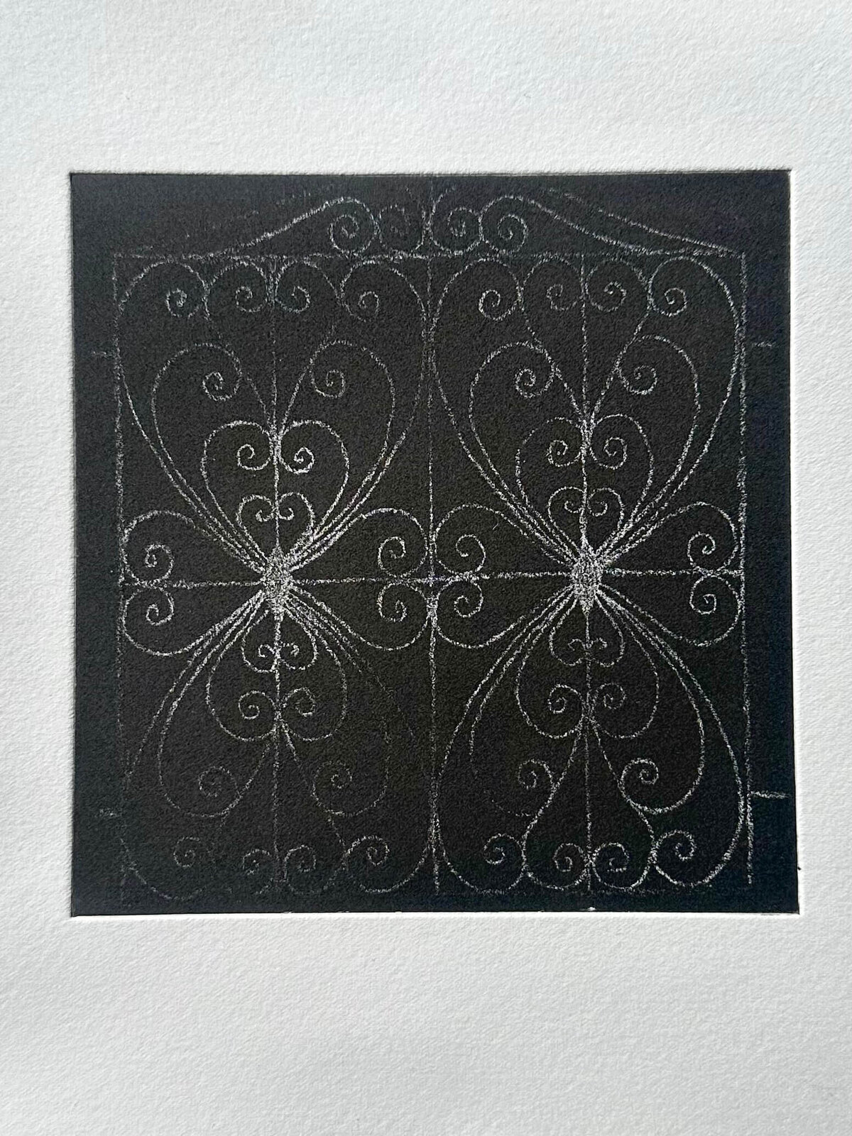 A finished black-background line reversal print with white linework.
