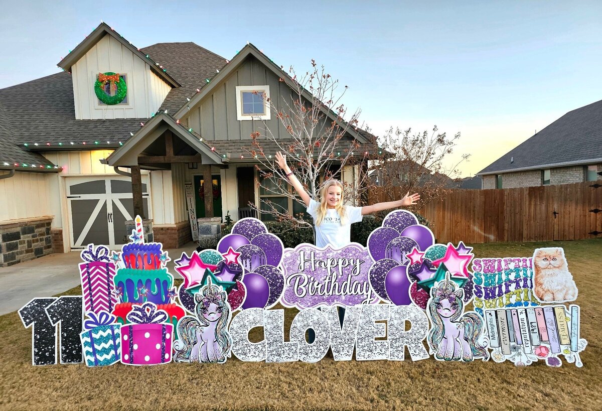 Custom birthday yard sign setup in Edmond, Oklahoma. Simply Sign It is a yard greeting rental company servicing Edmond, NW OKC, Piedmont, and Deer Creek. Order a yard greeting for birthdays, graduation, anniversary, back-to-school, and birth announcements. Design features Taylor Swift, Unicorns, and cats.