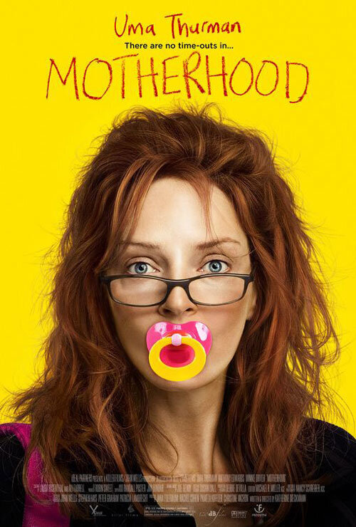 Playful and creative portrait of Uma Thurman, part of the 'Motherhood' series, featuring unique styling.