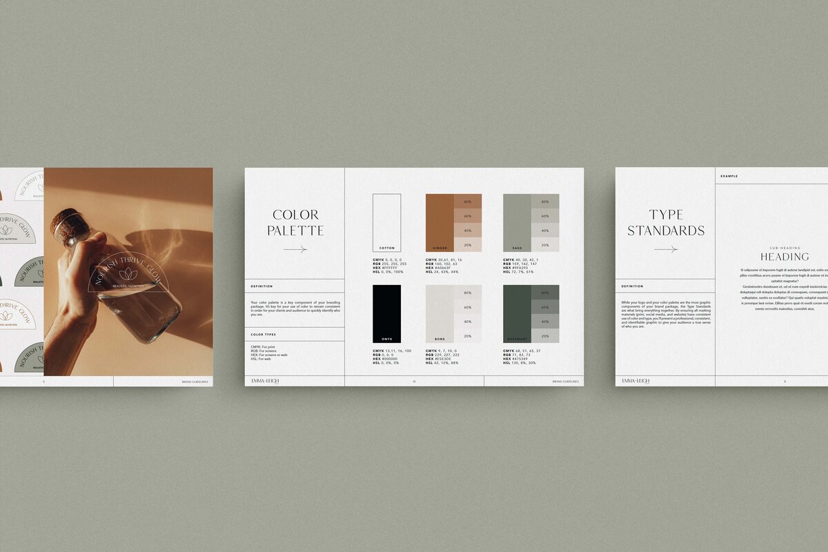 Color palette, type standards, and logo. mock-ups for neutral and earth toned brand.