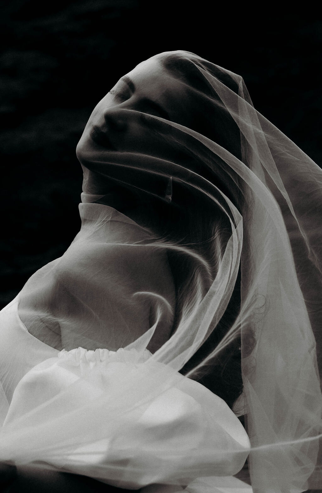 black and white ethereal veil bridal portrait 
