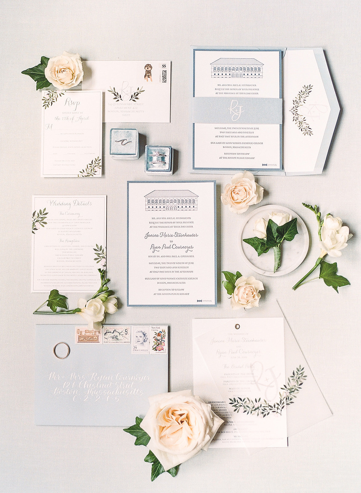 Wedding stationery by Mulberry and Elm at Boston Public LIbrary
