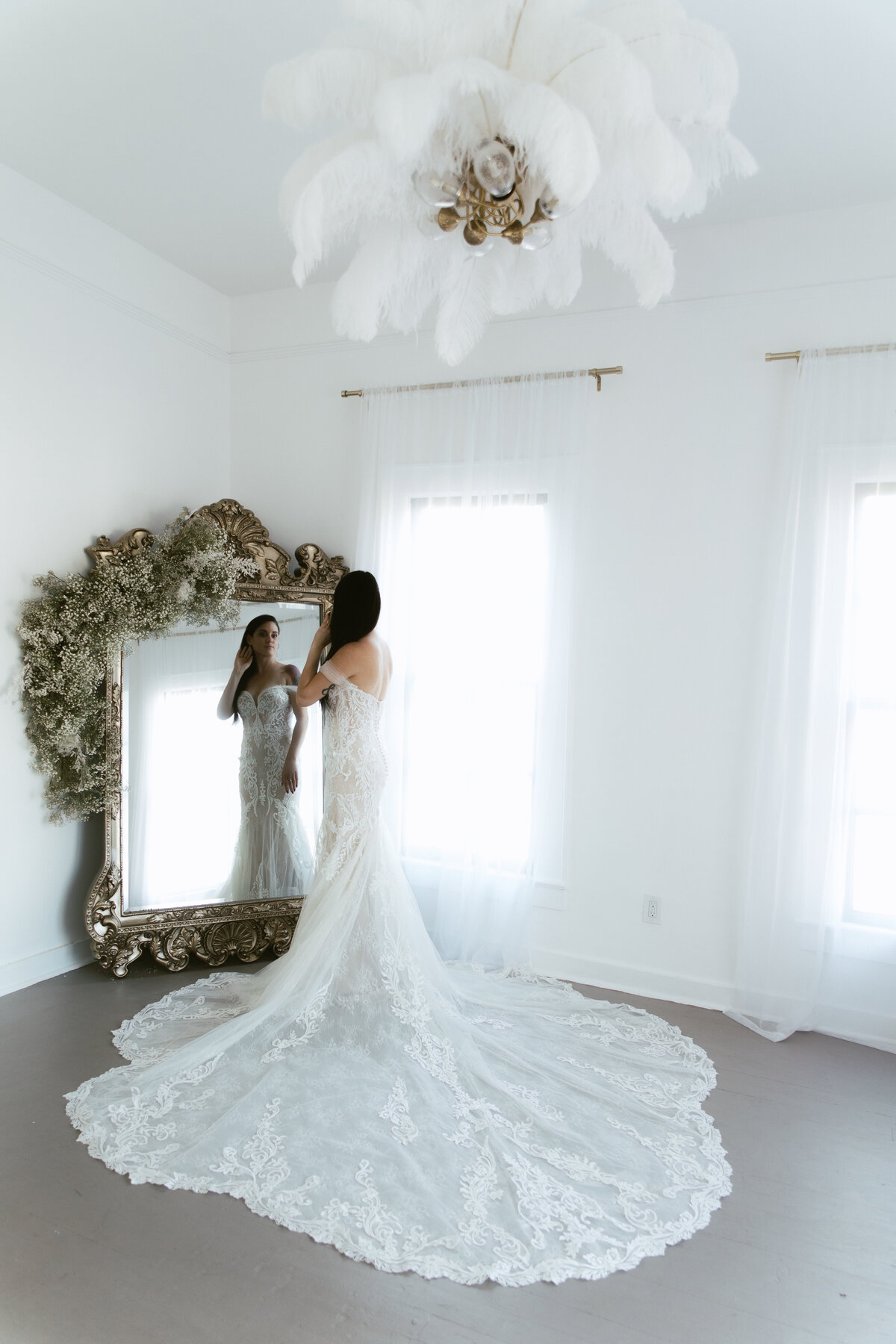 bride photos with her lace dress during texas wedding day