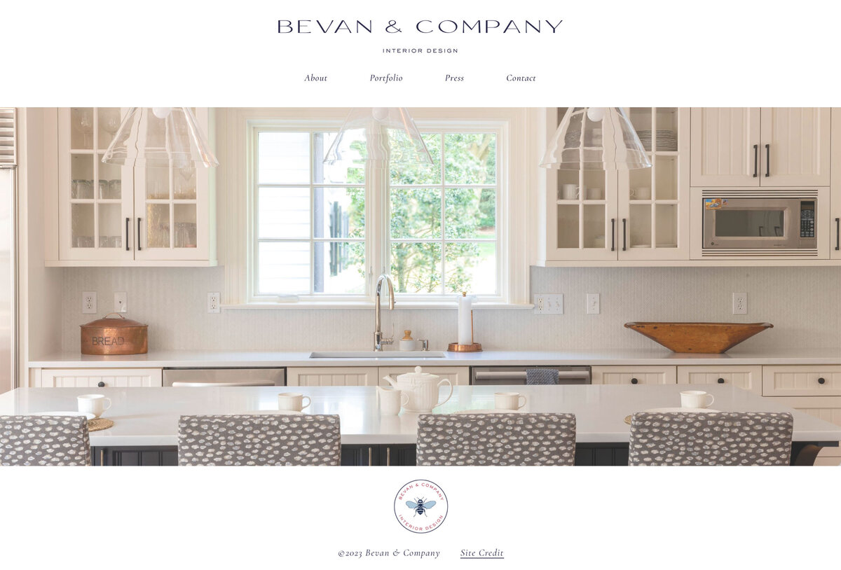 Homepage of Bevan & Company Interior Design website featuring a kitchen
