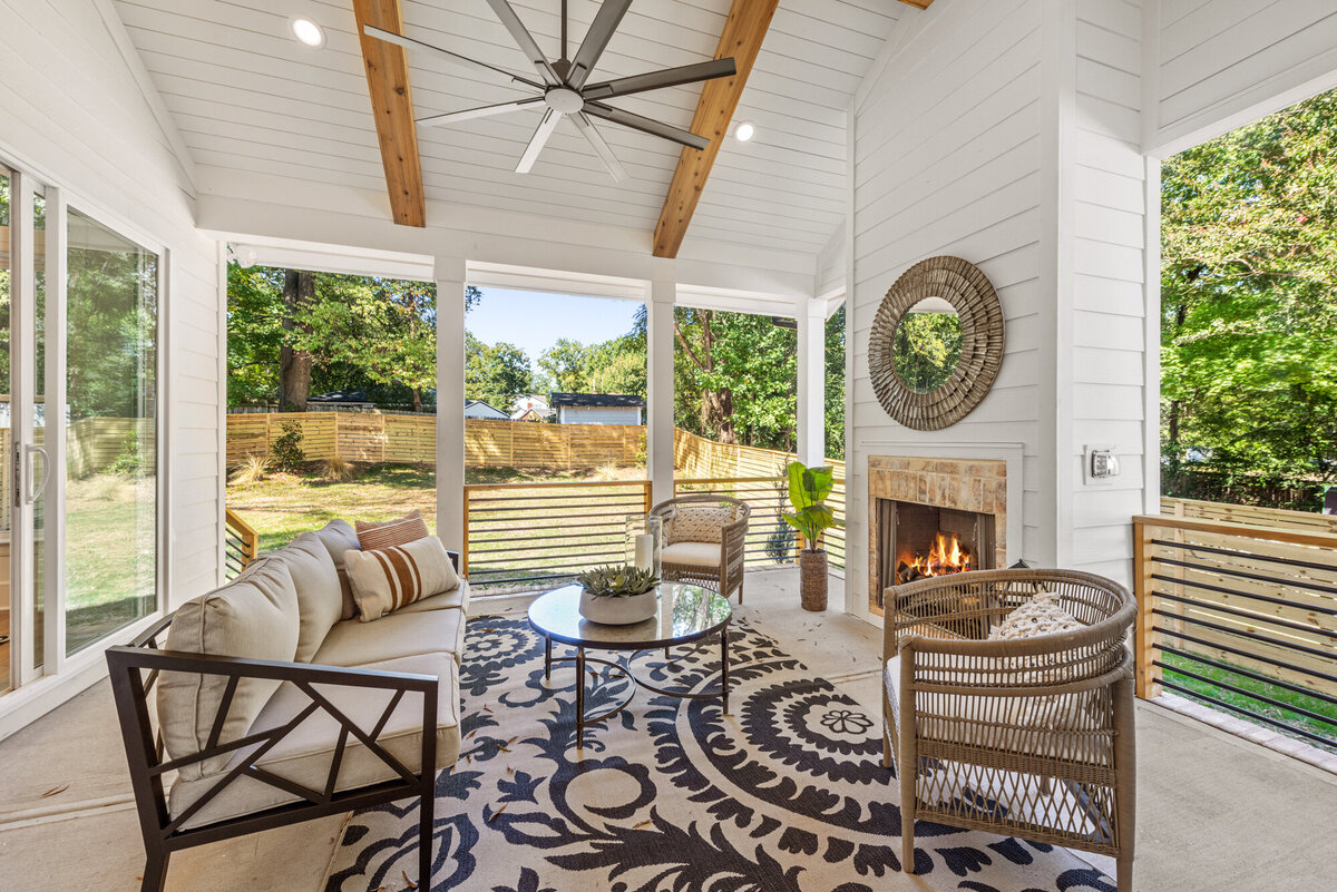 back porch with fireplace