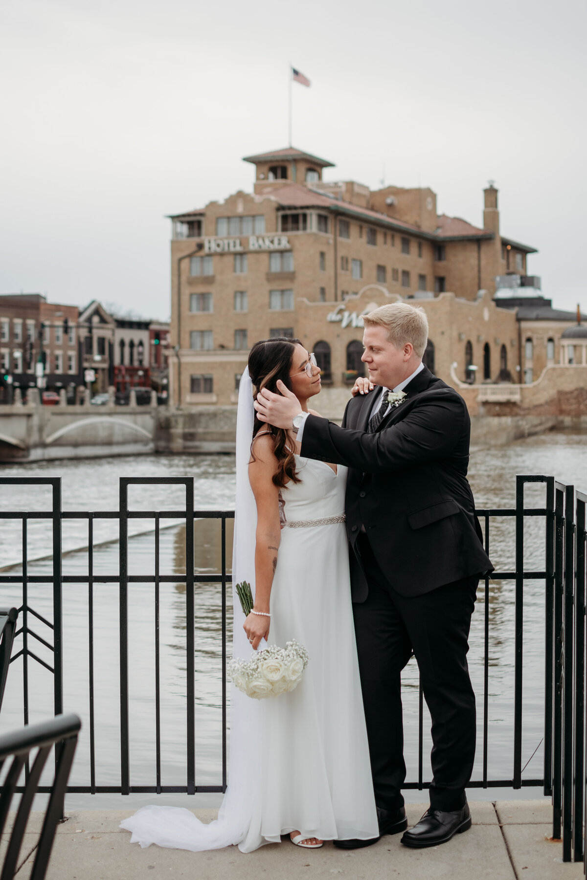 Bride and Groom near Fox River in downtown St. Charles, IL