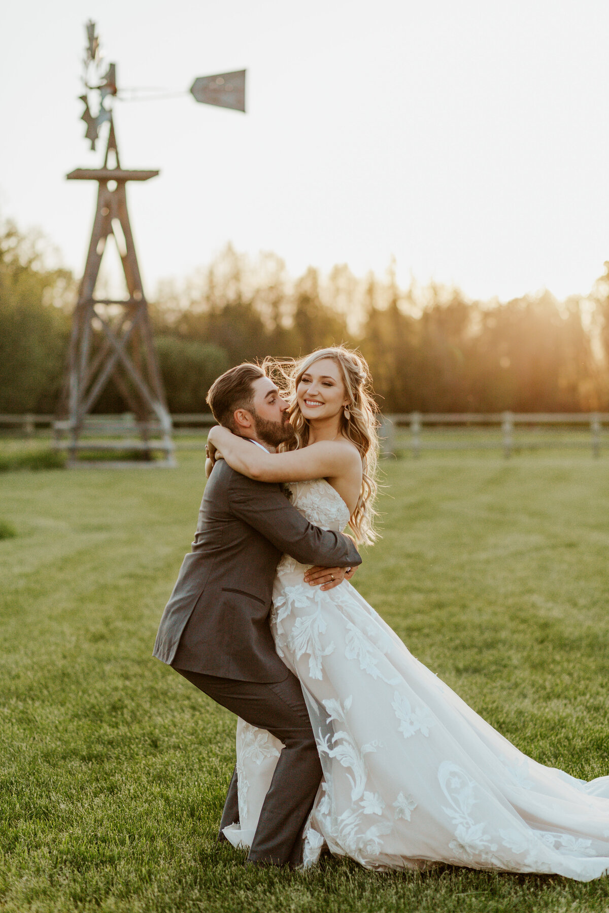 bride and groom embracing