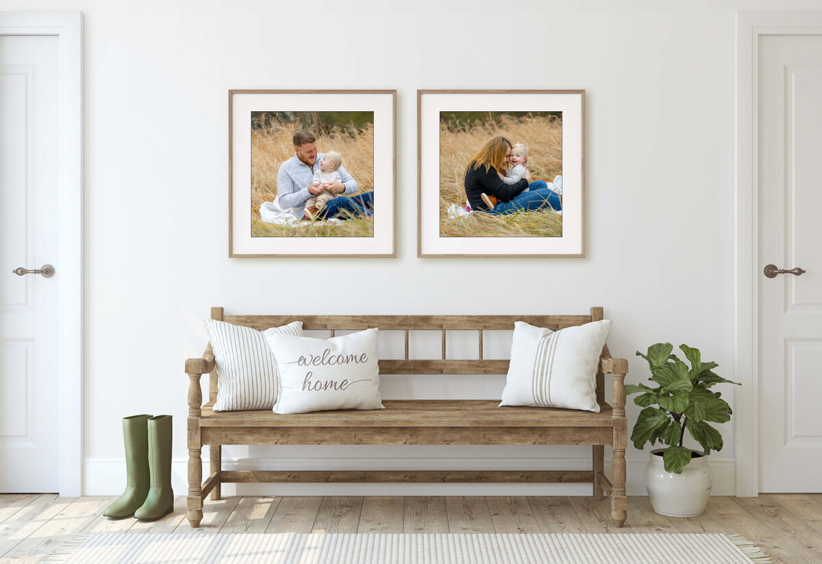 Neutral aesthetic farmhouse entry way featuring two square frames.