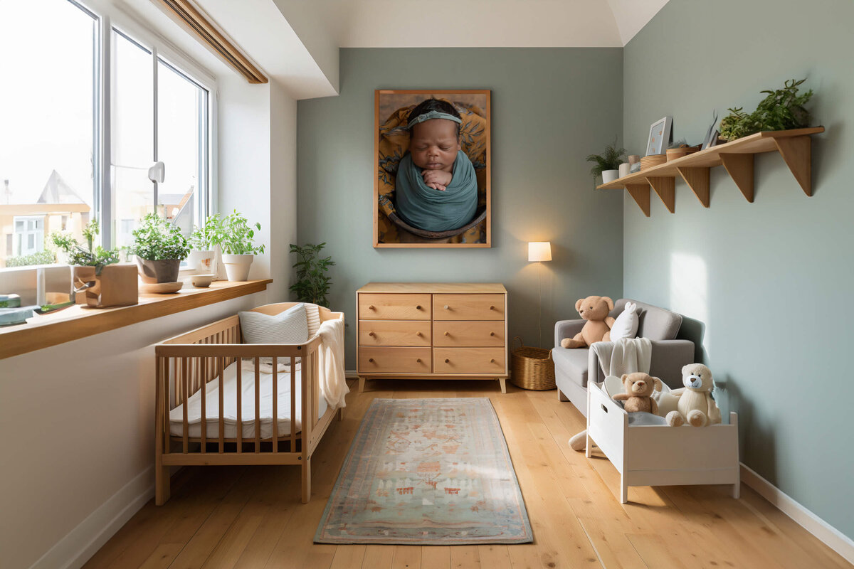 nursery room with a photo of a baby girl wrapped in green for her Burlington newborn photos