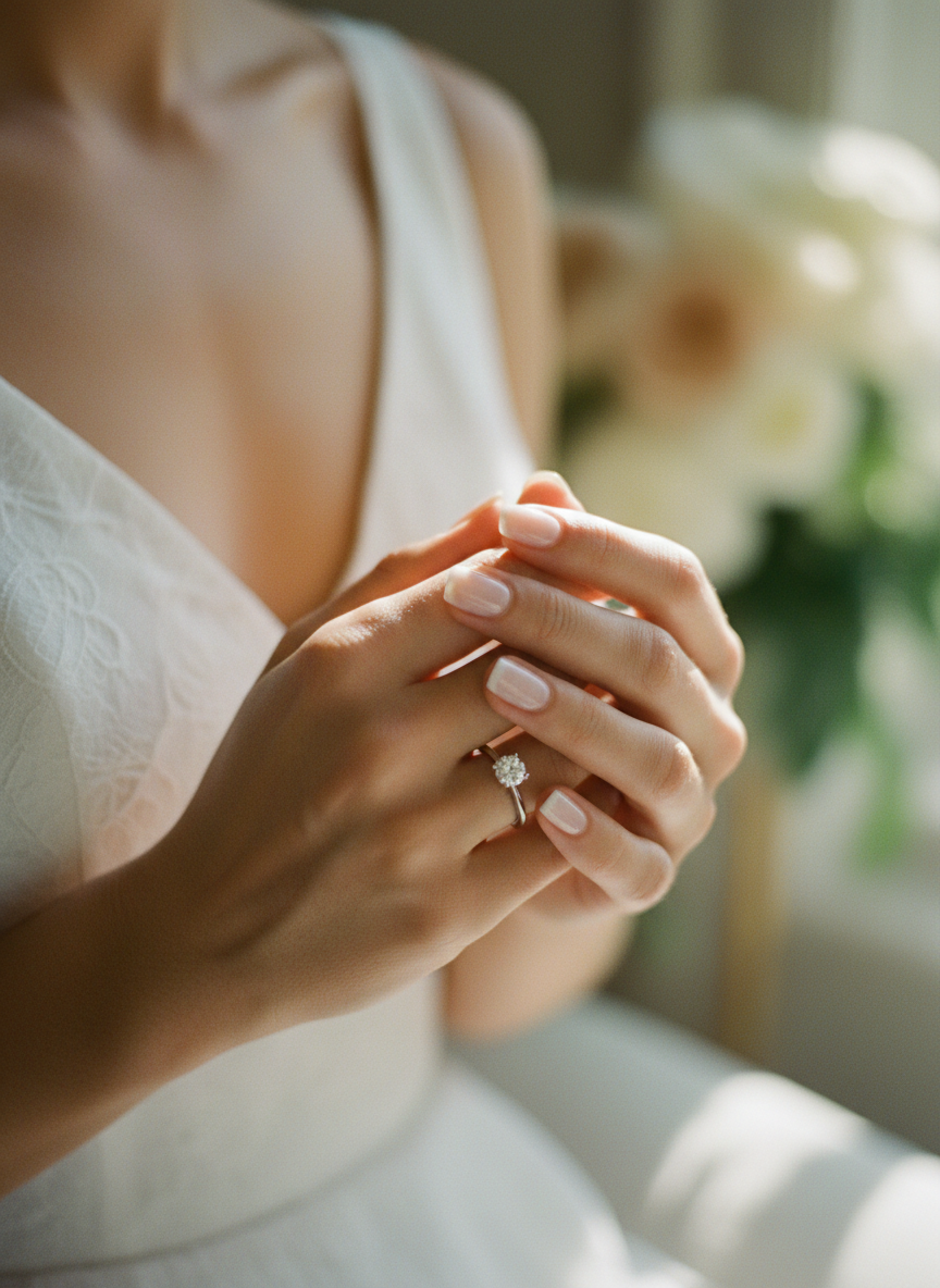 Firefly_Gemini Flash_“Fine-art film close-up of the bride-to-be holding her hands together, showing the en 476564