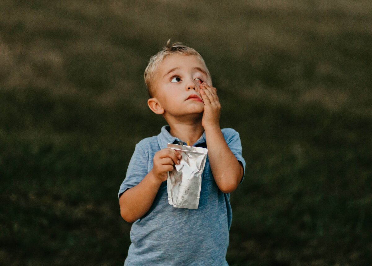 A young boy in a field, captured by a Pittsburgh family photographer.