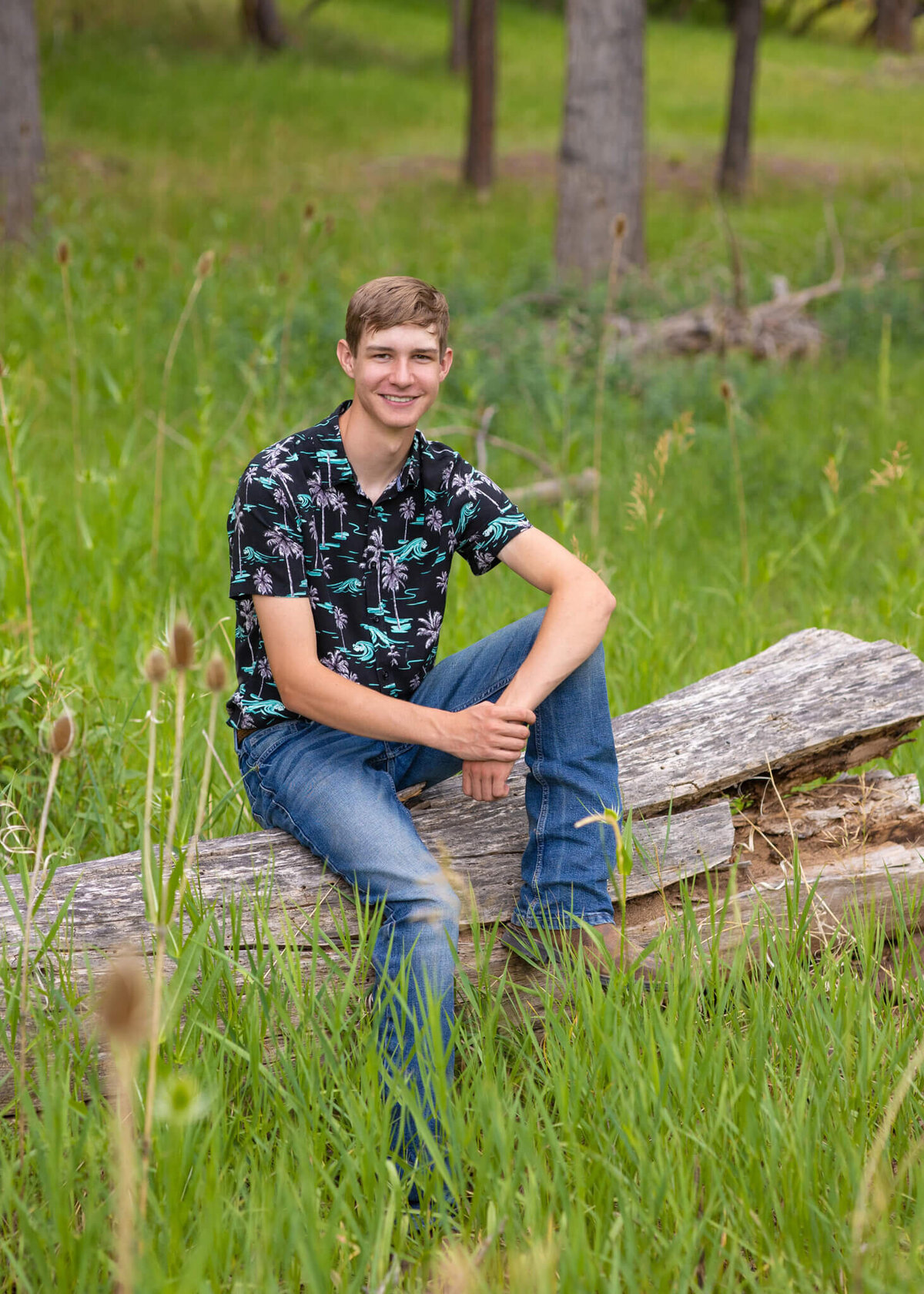 high school senior boy in a hawaiin shirt sitting on a log in a grassy field