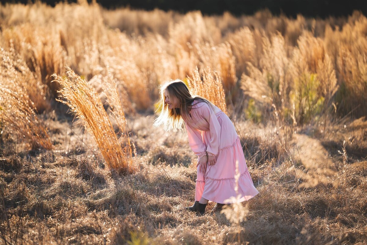 Milestone Session 10 ten year old laughter field gold light golden light boho Grasses Pink Dress Hippie Blonde Beautiful