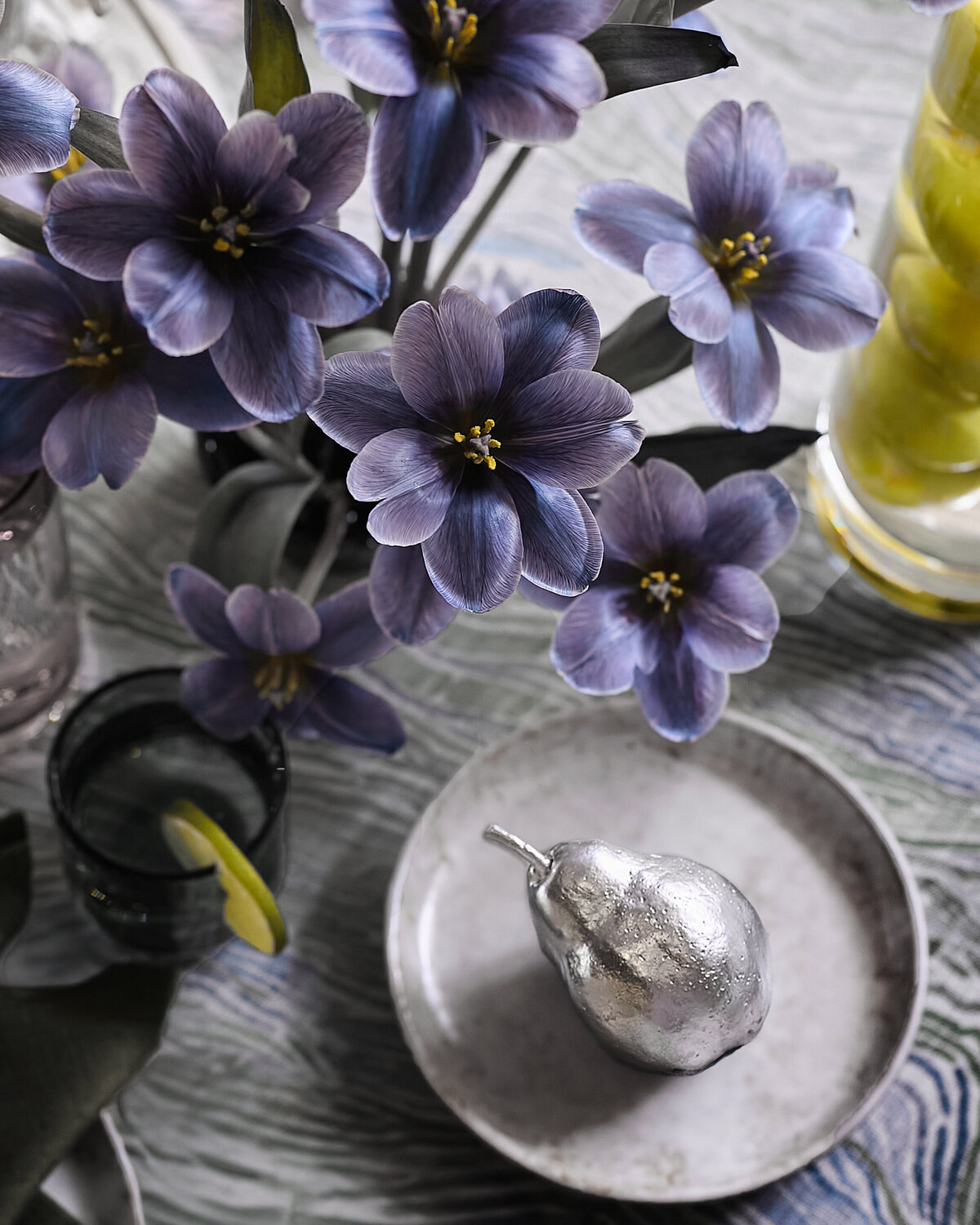 Custom tablescape feauring Kravet Favets, Accent Decor Table top, Hand Painted Shades