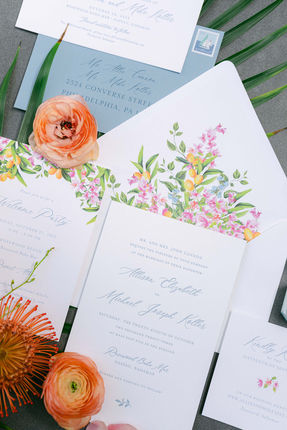 Floral watercolor wedding invitations by Southern Fried Paper