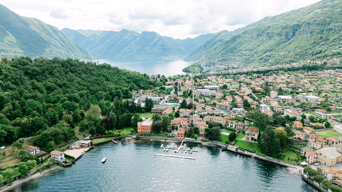 An aerial drone photo of lake como in Italy