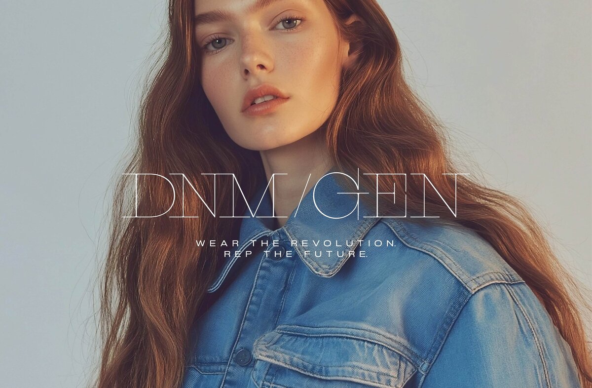 woman in denim jumpsuit with dnm gen logo and tagline