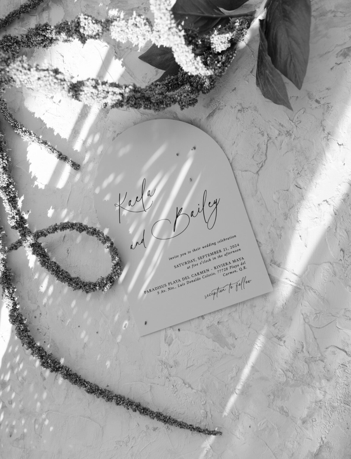 wedding stationery and plants in black and white, Mexico destination wedding