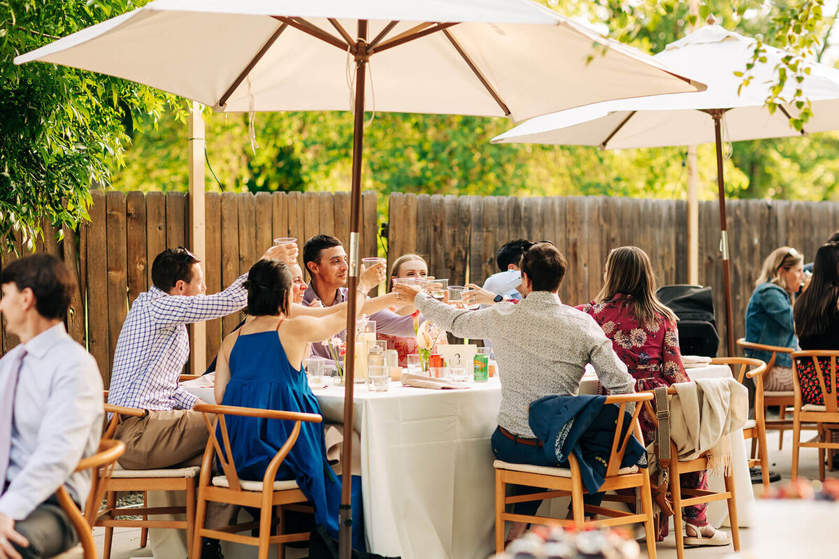 A group of people seated at an outdoor wedding reception and holding their glasses together in a toast.