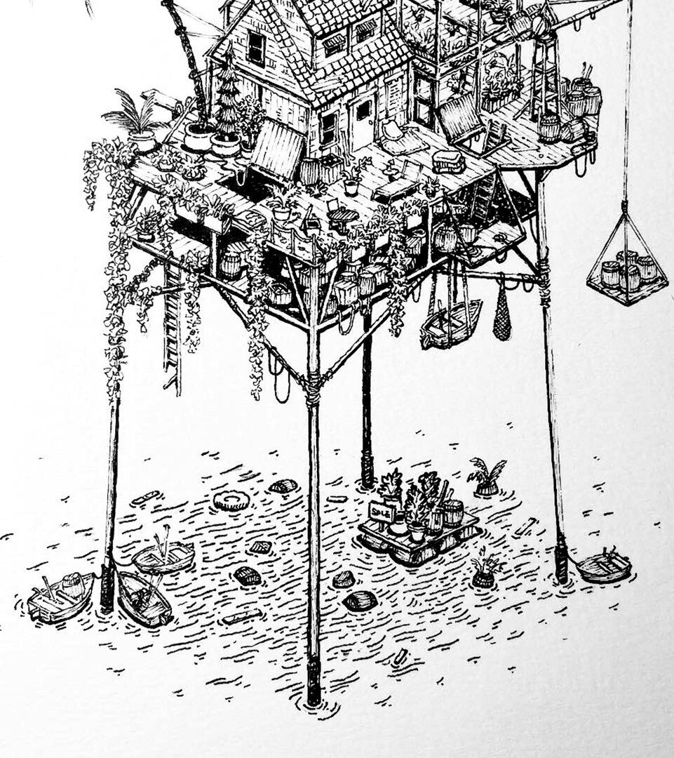 Detail image of the lower stilts of the platform pen and ink illustration