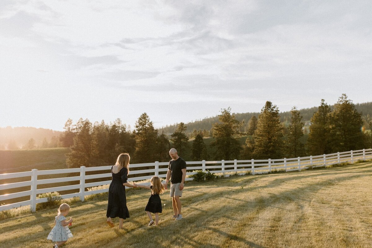 Family of four playing in a pasture