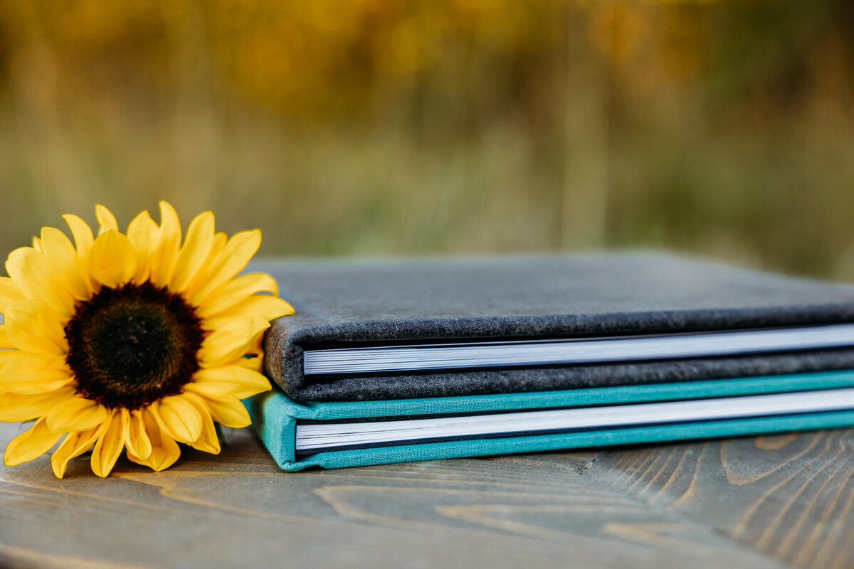 a black album sitting on top of a teal album next to a sunflower captured by Ashley Kalbus Photography