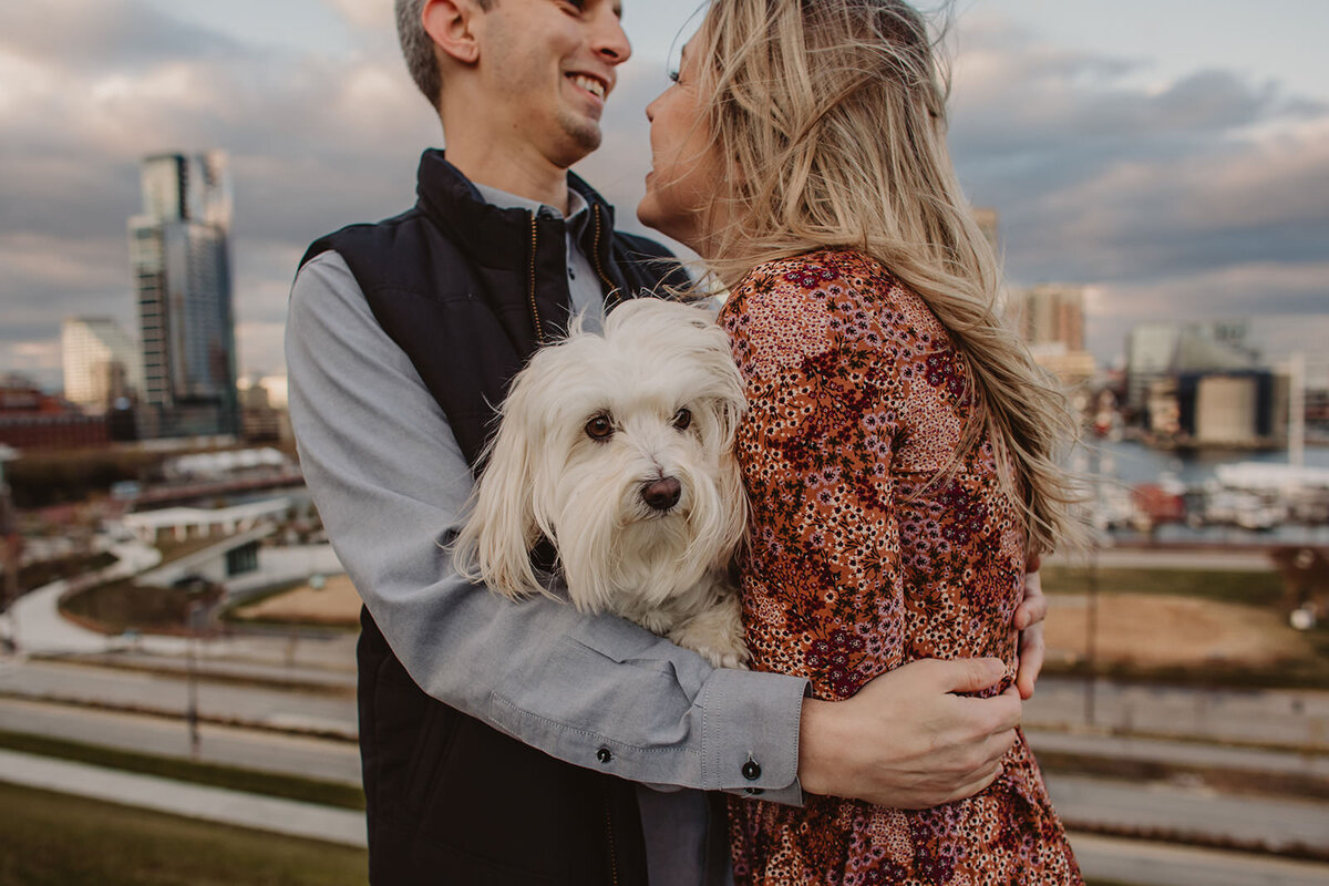 A couple hugging while holding a dog in between them 