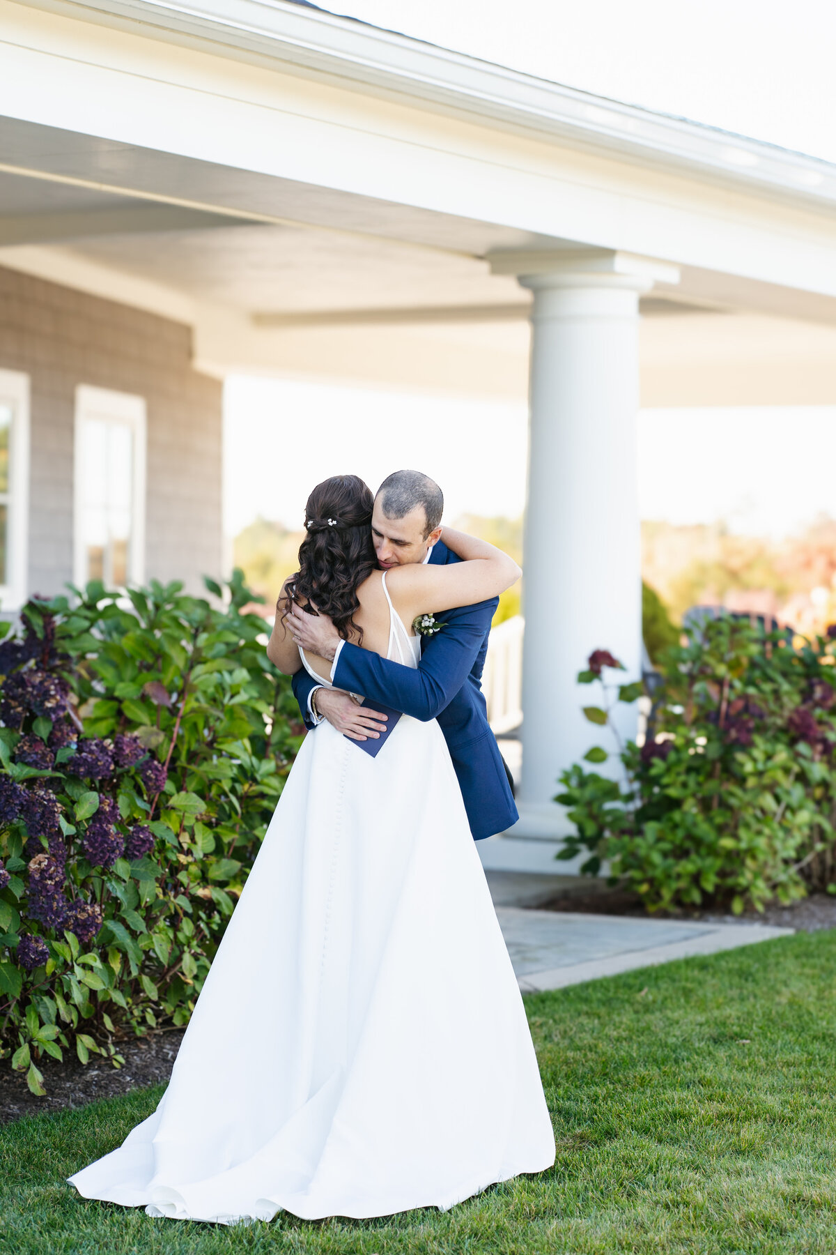 First look between bride and groom at Waverly Oaks
