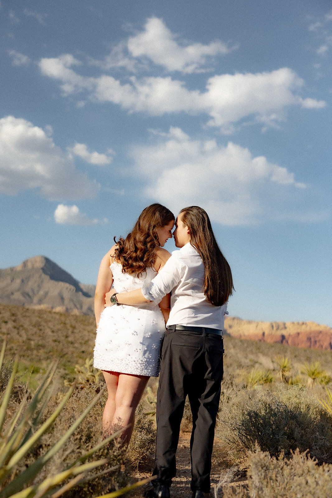 The back of an engaged couple looking off into the Nevada mountains