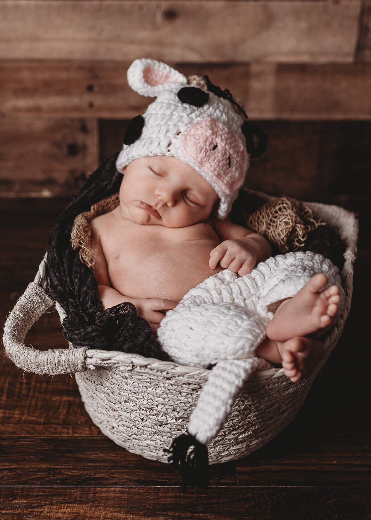 A newborn cozy in a basket.