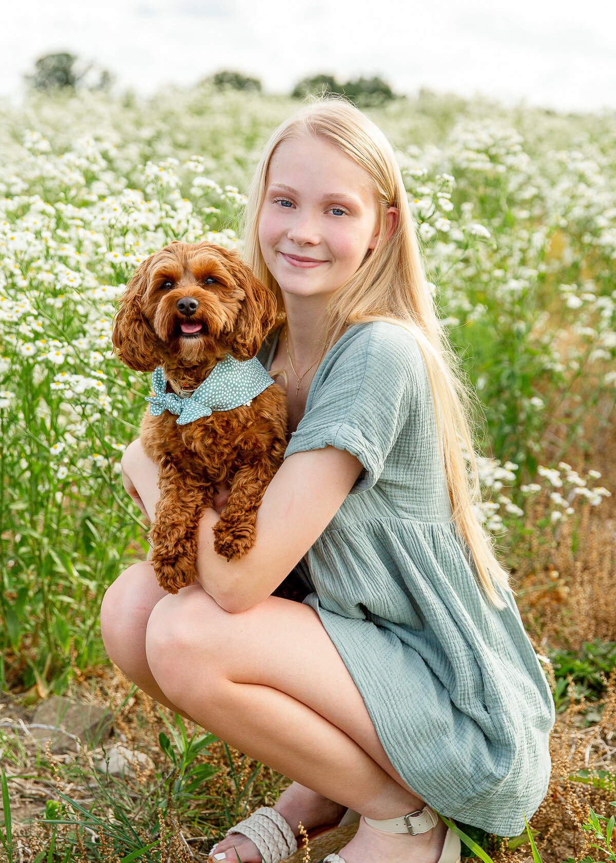 Senior picture girl in a field of white wildflowers with her puppy by Keuka Lake Penn Yan, NY