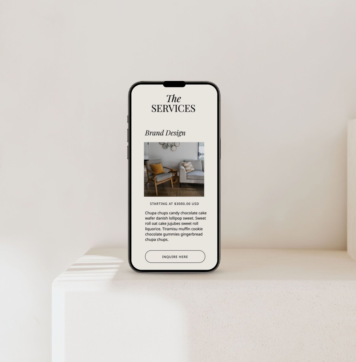 Rue Saint-Honoré luxury mobile ShowIt template mockup on iPhone with soft neutral styling — elegant Parisian website design.