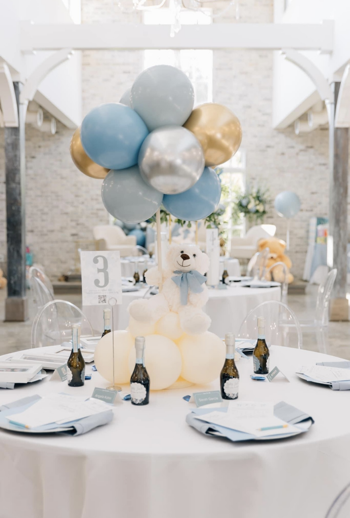 light blue baby shower balloons and decor