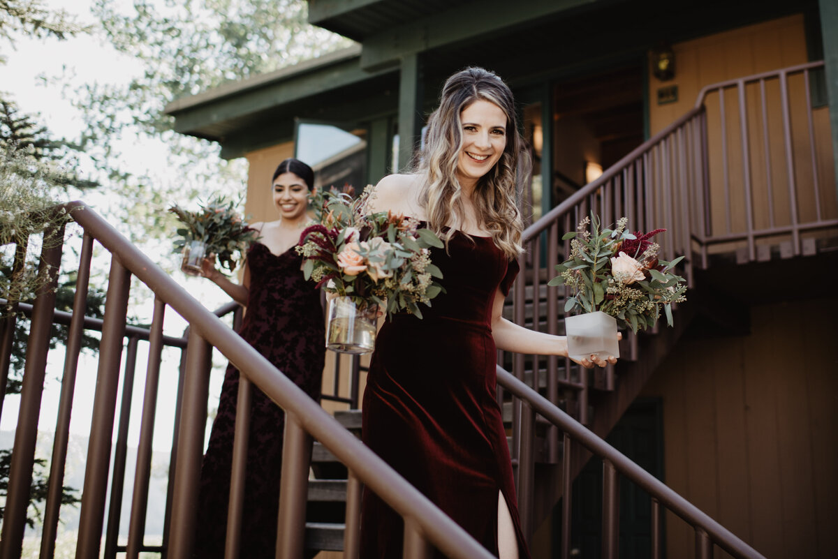 Photographers Jackson Hole capture bridesmaids walking downstairs