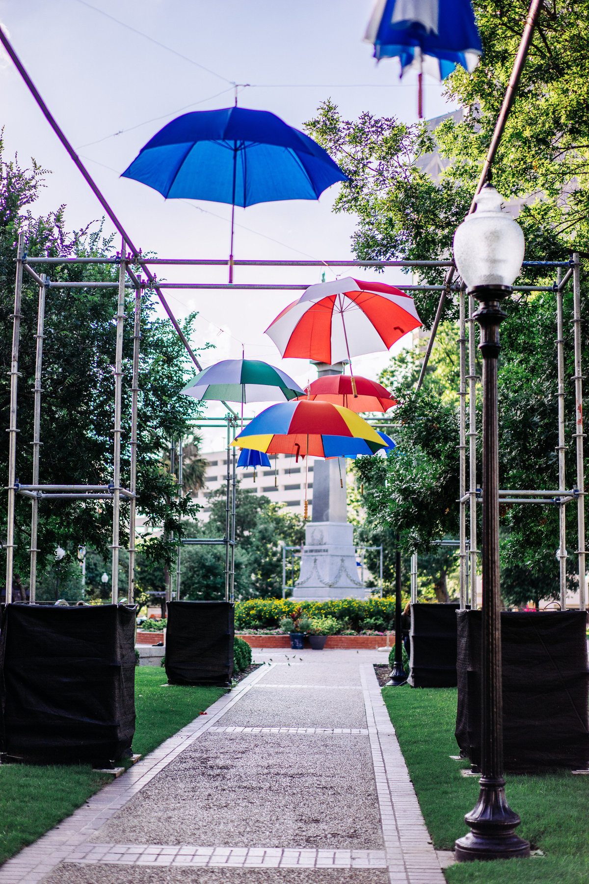 umbrella art instalation in travis park in san antonio