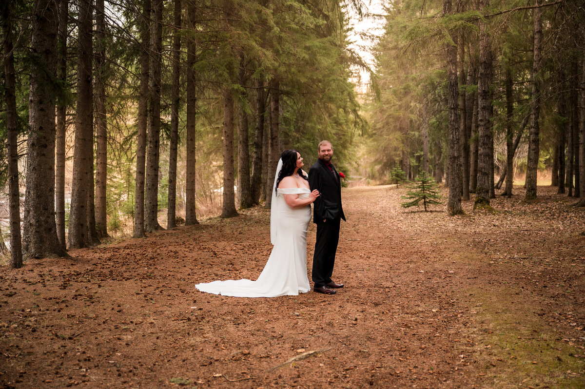 bride and groom stand in the middle of a path lined with beautiful old growth trees in Rocky Mountain House, Alberta