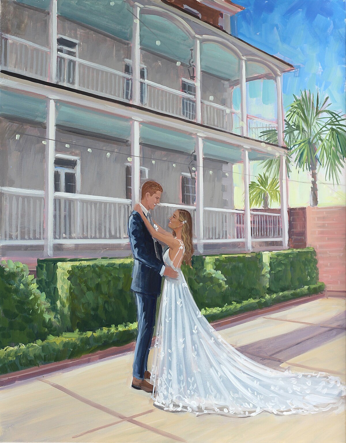 Charleston Live Wedding Painter captures bride and groom's first look at The Gadsden House.  The historic Charleston venue is in the backdrop with a beautiful palm tree and sunset.