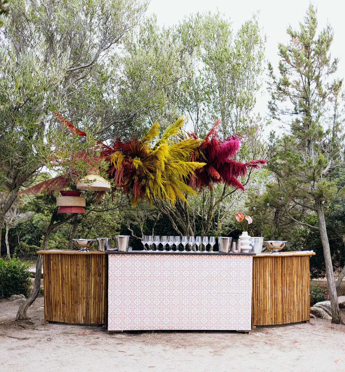 Retro 70s Bar Station with Colourful and Extravagant Flowers for wedding