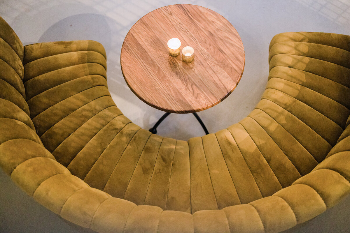 A funky circular banquette at a loft space in Chicago