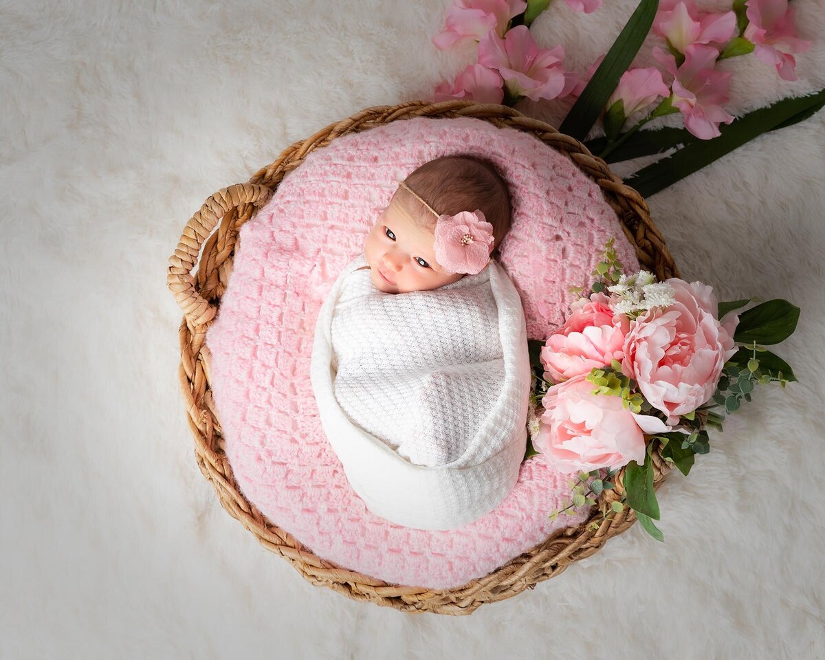 Tally Safdie newborn photography baby girl on flower basket