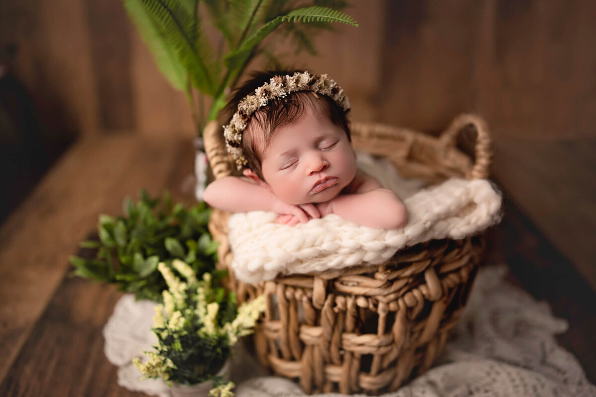hamilton newborn photographer captures newborn baby in bamboo basket with her head on her hands