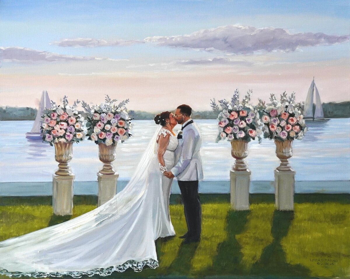 live wedding painting of bride and groom walking into La Chateau South Salem NY