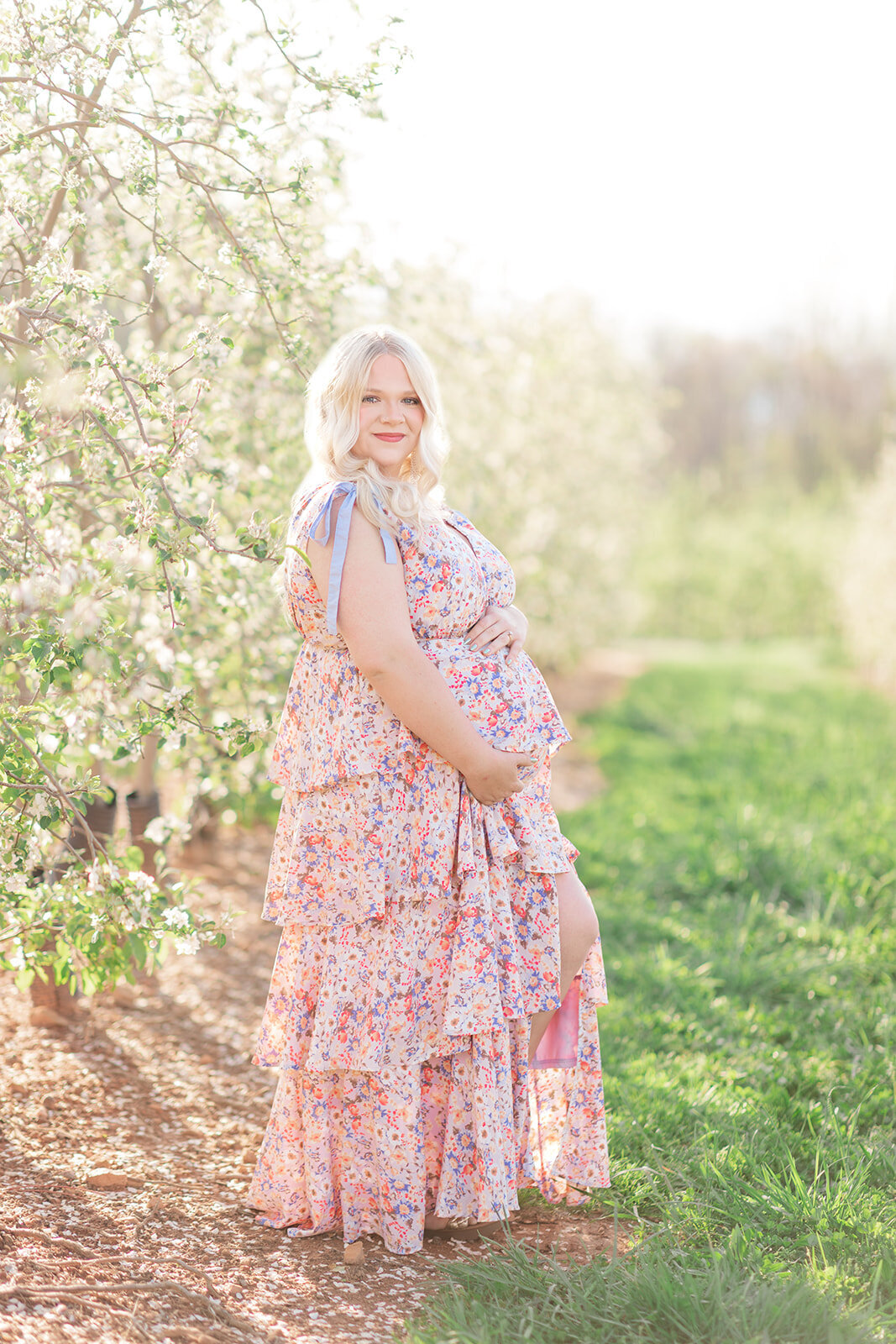 Spring maternity photography in Wilkesboro NC with floral backdrop