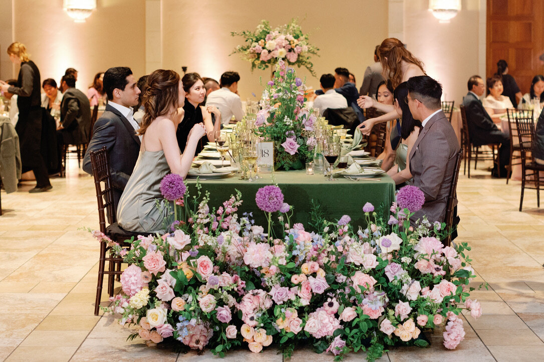 long guest tables, end of table flowers, garden arrangements , table meadows