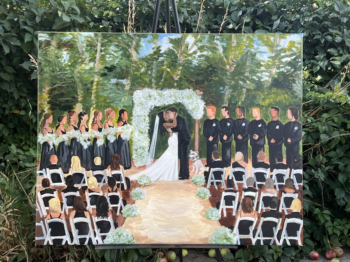 A large live wedding painting depicting full bridesmaids, groomsmen and guests in a portrait painted by Olivia Andruss Artistry