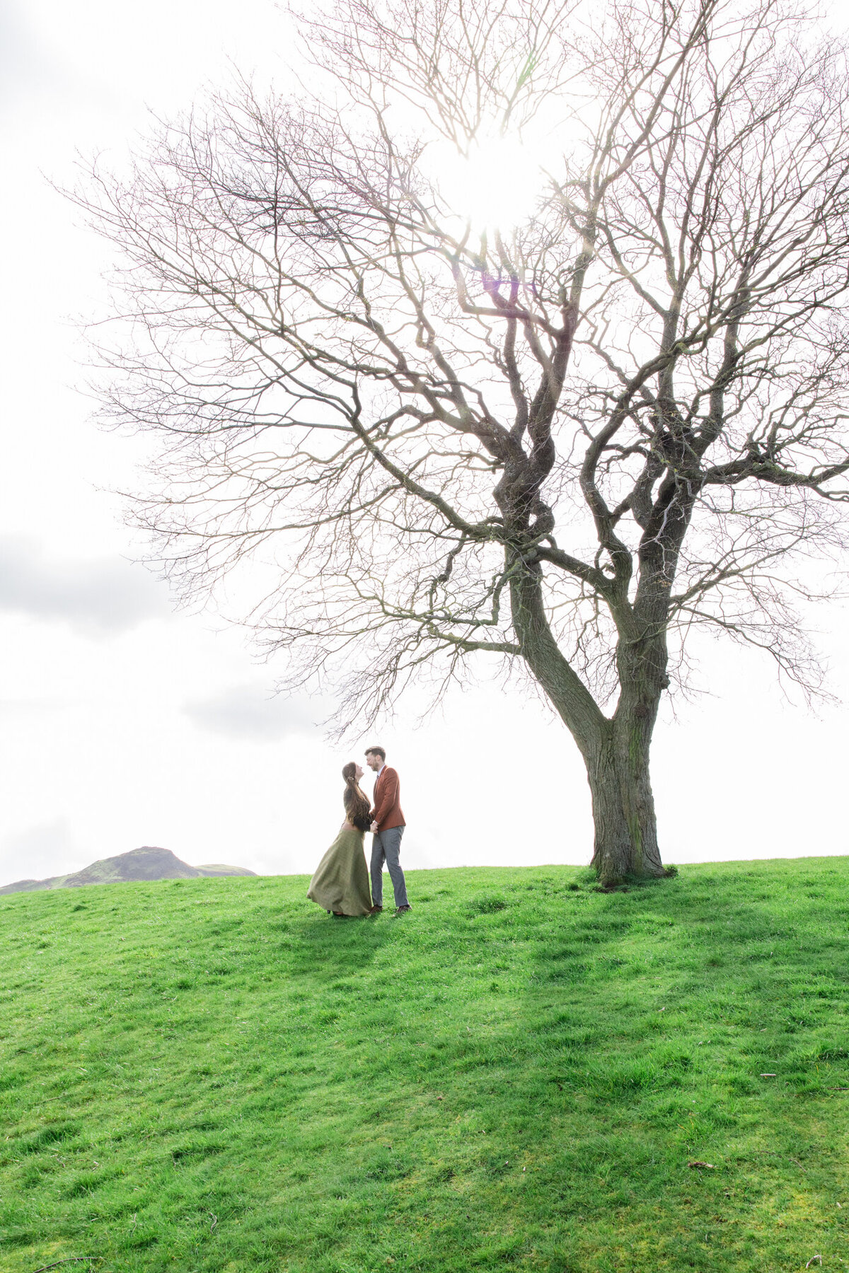 engaged couple kiss eachother under a tree on a hill