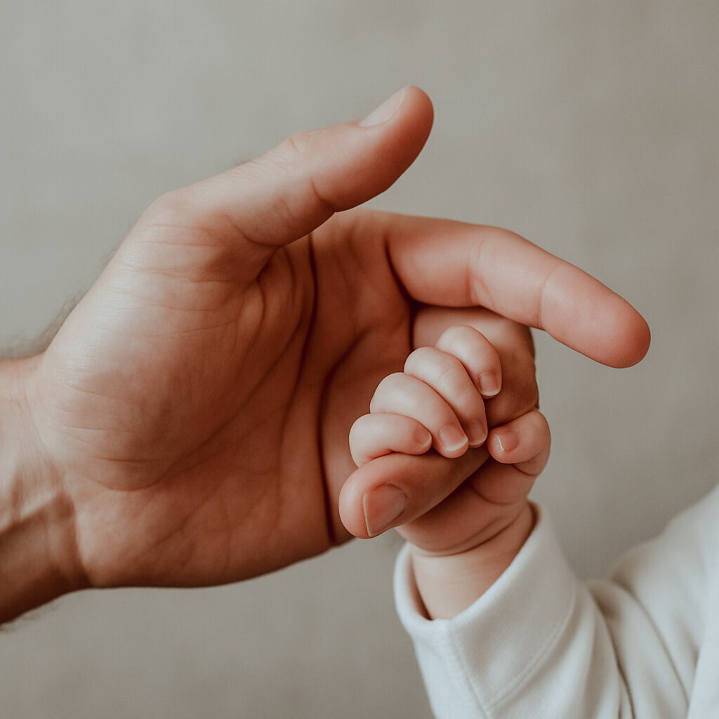 Baby handje pakt de vinger van haar vader.