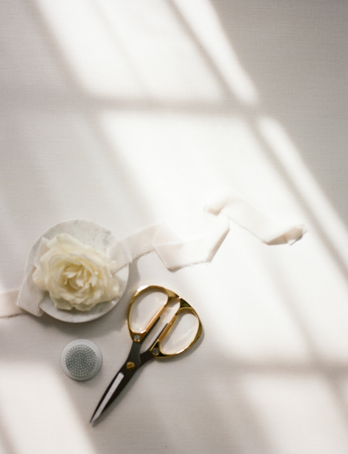 ethereal flat lay, directional light, film, floral shears, ribbon, frog, florist branding photo