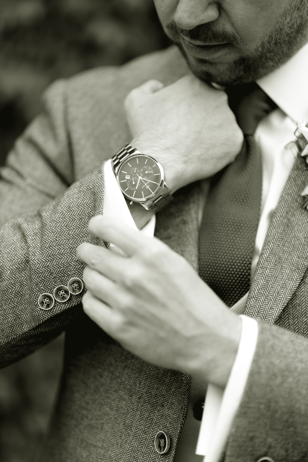 Timeless black and white wedding photography of Groom in Squires Outfitters Tweed wedding suit on his wedding day at Cromlix House, Scotland.