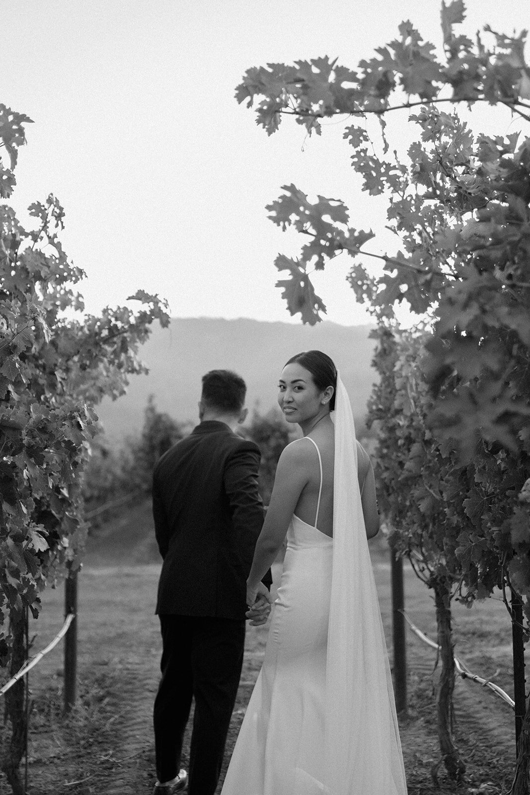 Bride and groom posing in vineyard